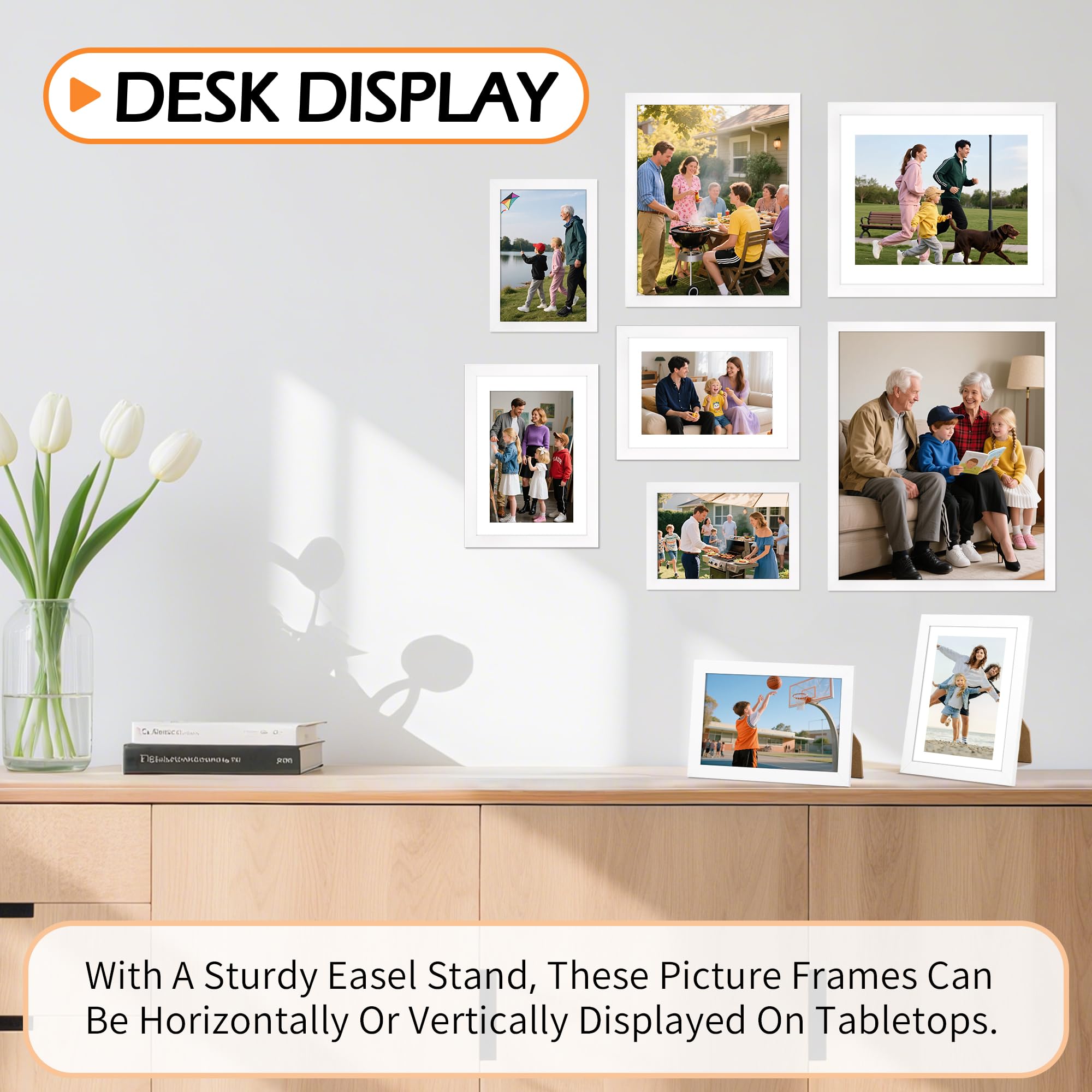 HOMERHYME 5x7 Picture Frame Set of 8, White Photo Frames for Gallery Wall Mounting or Table Display, Display Pictures 4x6 with M